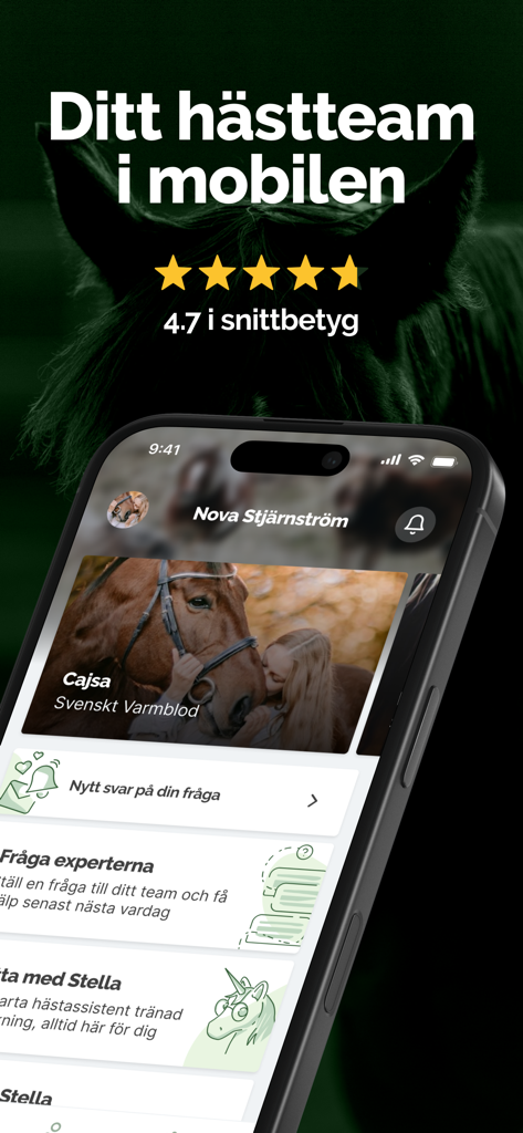 HayHay: För häst & ridning - Interface of HayHay equestrian app featuring horse management and expert chat