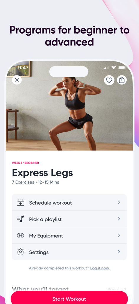 Sweat app interface showing the Express Legs beginner workout program details