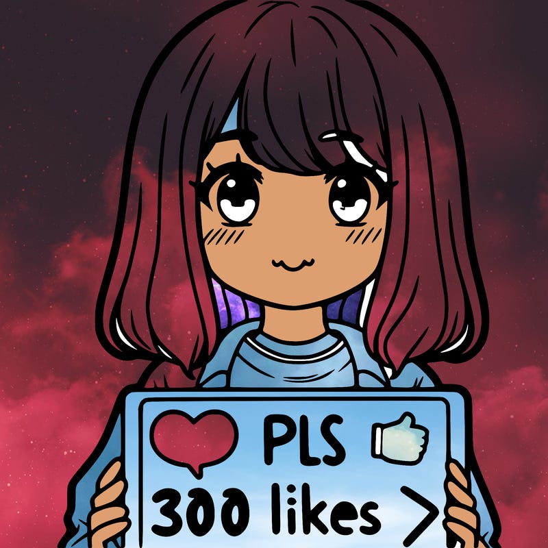 a girl with a sign that says “pls 300 likes 👍 “