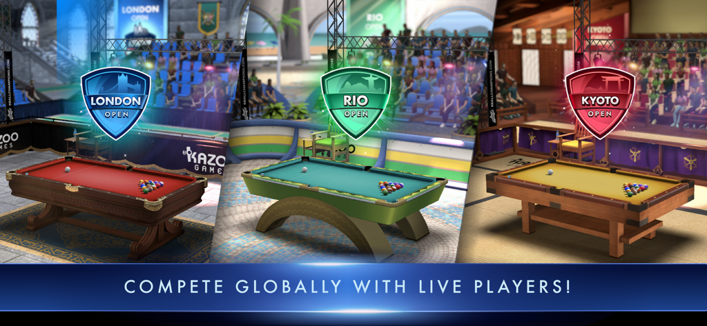 8 Ball Champions - Three pool table designs featuring London Rio and Kyoto tournament locations in 8 Ball Champions