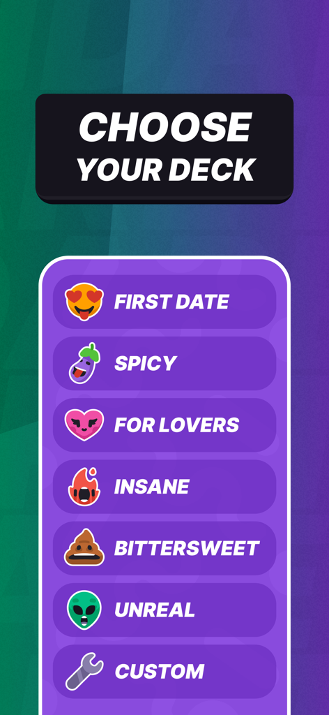 Party Animals: Truth or Dare - Un menú en la aplicación Party Animals que muestra diferentes mazos de cartas de verdad o reto como Primera Cita, Picante e Insano