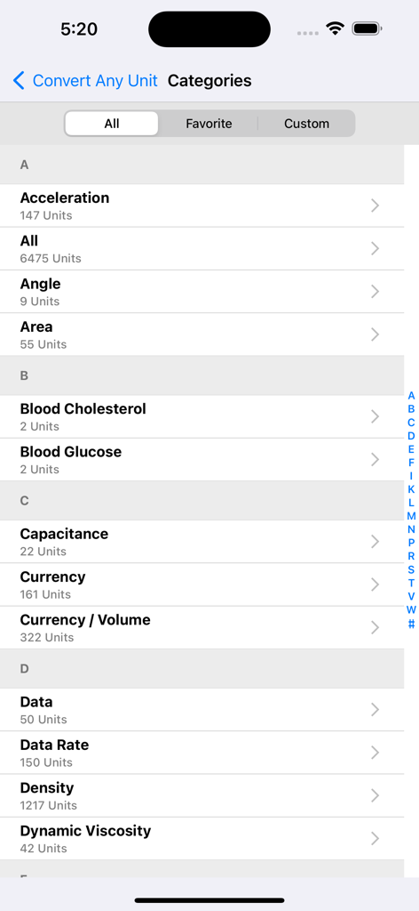 List of unit conversion categories in the Convert Any Unit Lite mobile application