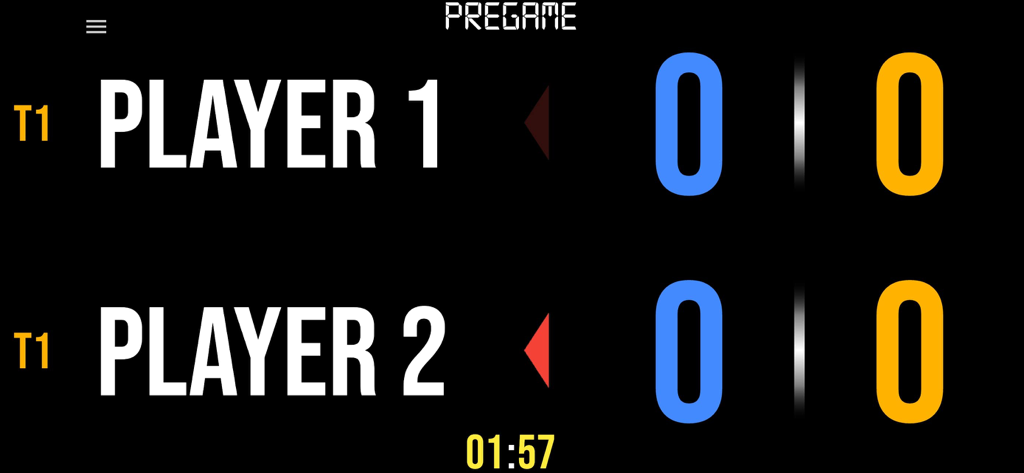 Interface de placar digital de tênis de mesa mostrando o status pré-jogo para dois jogadores com um cronômetro regressivo