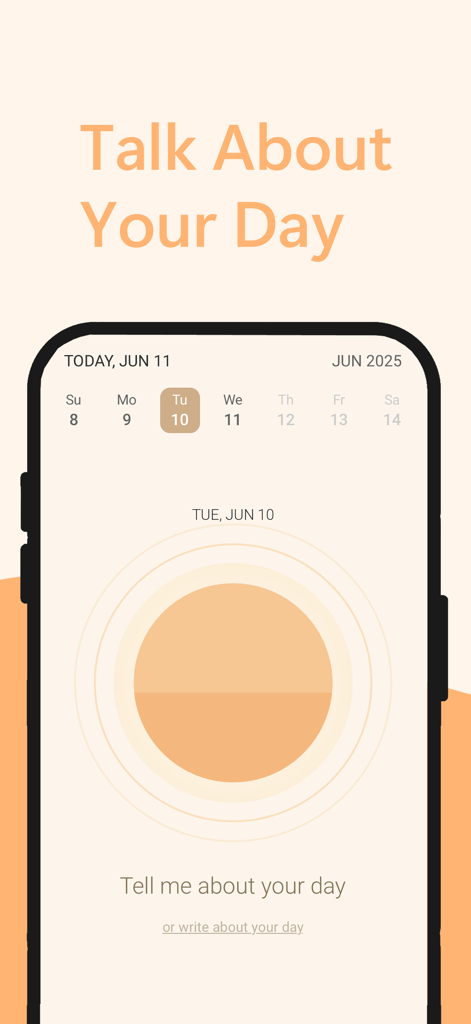Nostalgia: Journal & Diary - La interfaz de diario por voz de la aplicación Nostalgia mostrando la indicación Habla sobre tu día y un botón de grabación