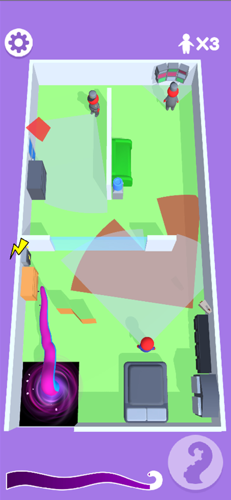 A pink tentacle monster sneaks through a room past guards with vision cones in Tentacle Monster 3D