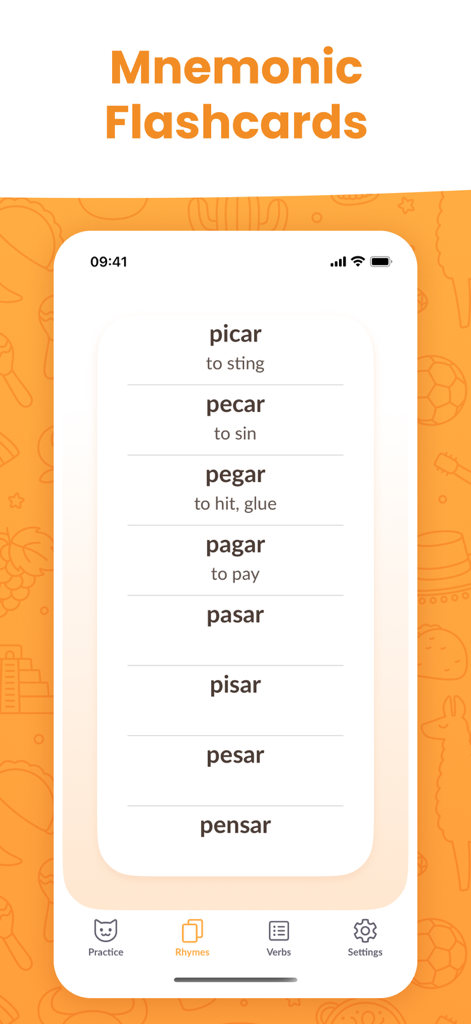 ConjuGato: Learn Spanish Verbs - Mnemonic flashcards screen in the ConjuGato app showing a list of rhyming Spanish verbs with their English translations.