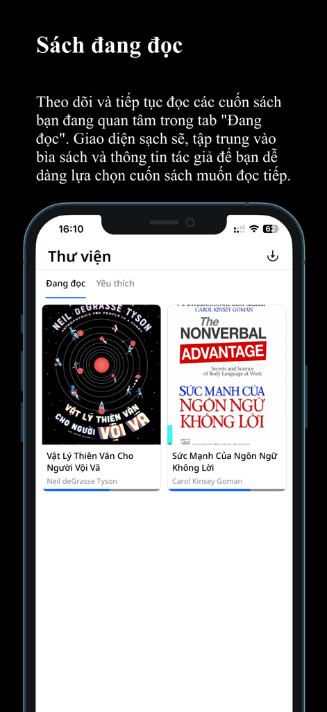 VnBuk: Sách hay chọn lọc - VnBukアプリのライブラリインターフェース。モバイルデバイスで現在読んでいる書籍が表示されています。