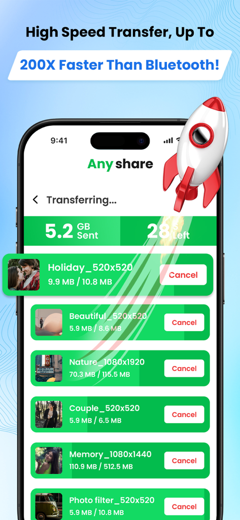 AnyShare app interface showing fast file transfer progress with a rocket icon