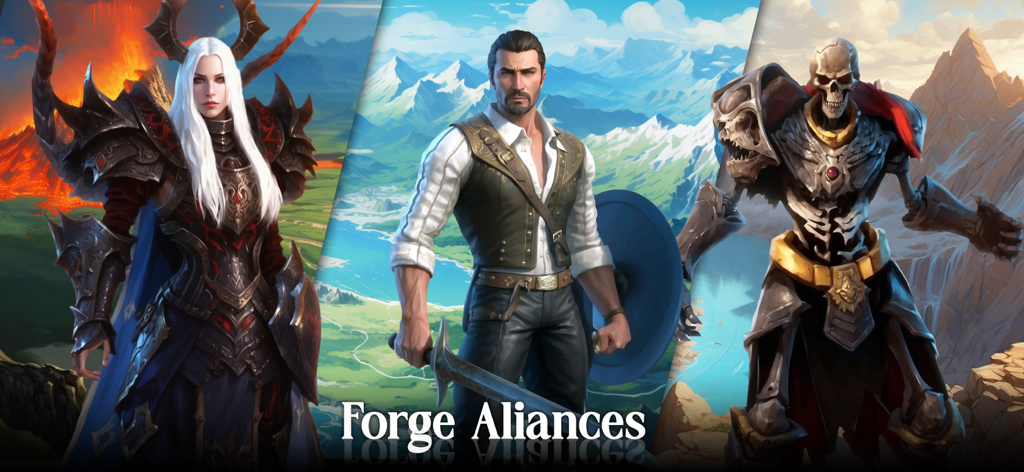 Arcane Heroes: Warbound - Three fantasy heroes from Arcane Heroes Warbound with the text Forge Alliances