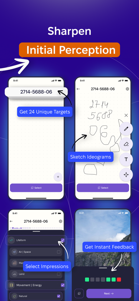 Vier Smartphone-Bildschirme, die den VEREVIO App-Prozess für Fernwahrnehmung zeigen, einschließlich Zielnummern, Ideogramme skizzieren, Eindrücke auswählen und Feedback erhalten