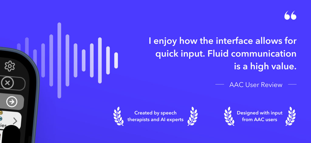 Flexspeak AAC - A testimonial from an AAC user praising the Flexspeak app for its quick input and fluid communication interface.