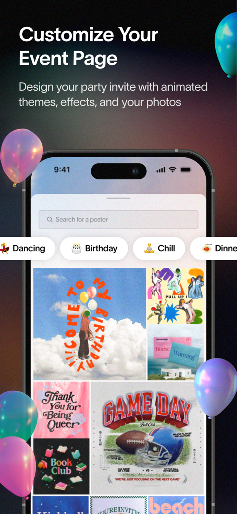 Partiful Invites - A smartphone screen showing the Partiful app interface for customizing event pages with various artistic poster themes and categories.
