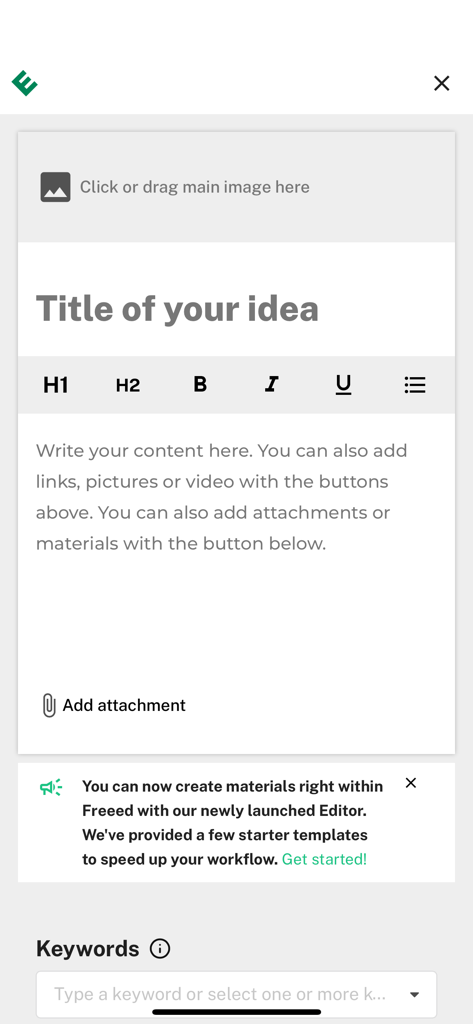 Content editor interface in the Freeed for Teachers app for creating and sharing lesson materials
