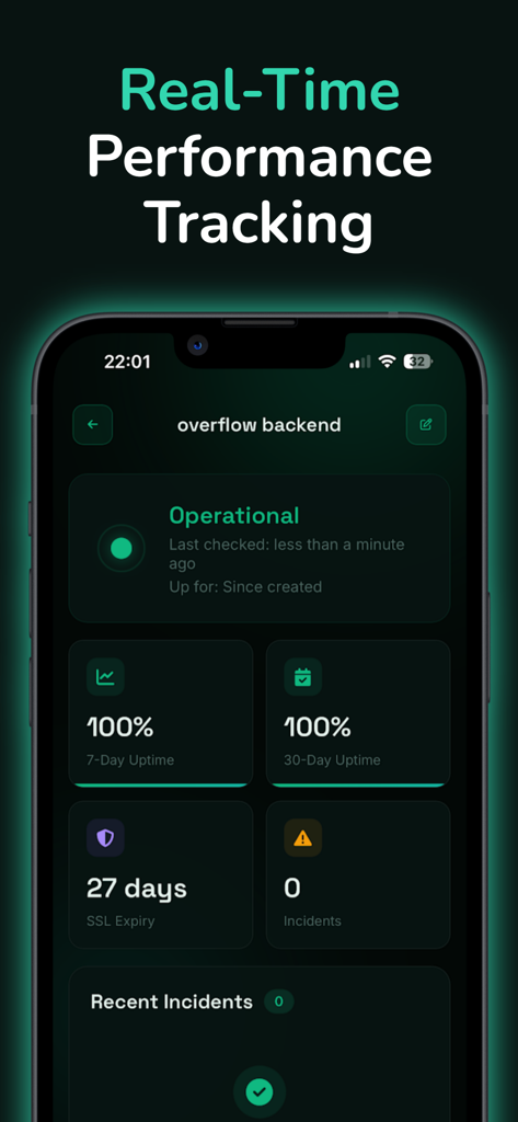 Mobile dashboard showing real-time performance tracking and 100 percent uptime status.