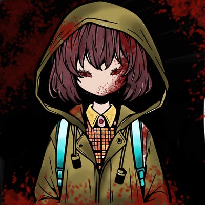 little anime girl in a raincoat her hair is covering her eyes she has a lighter