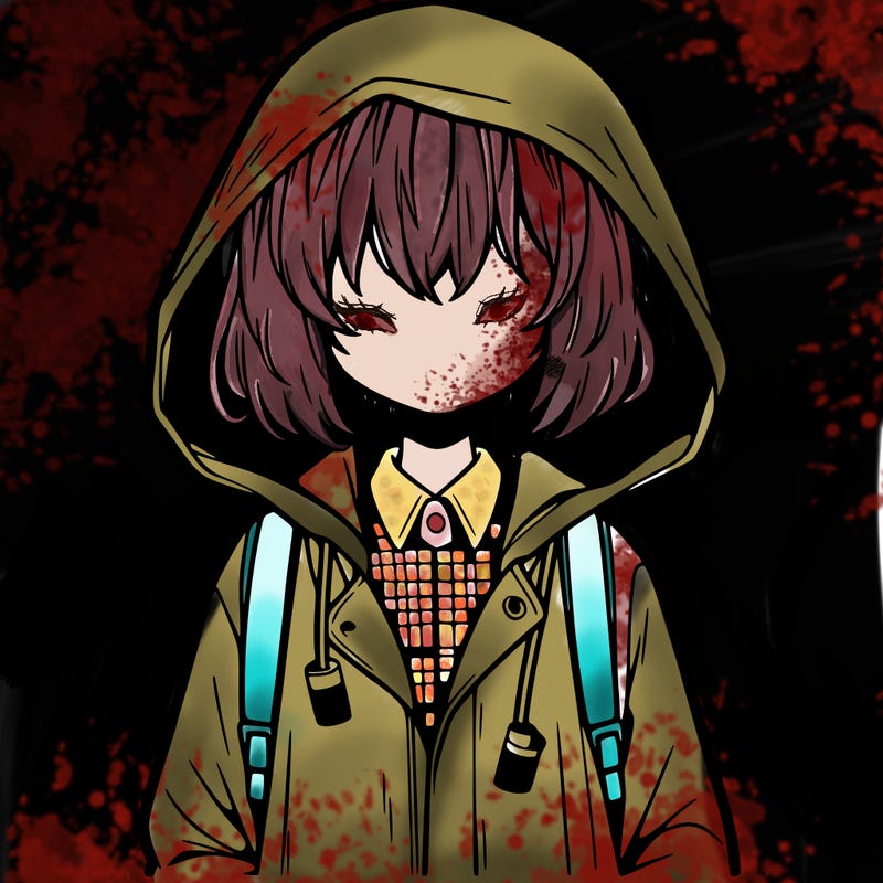 little anime girl in a raincoat her hair is covering her eyes she has a lighter
