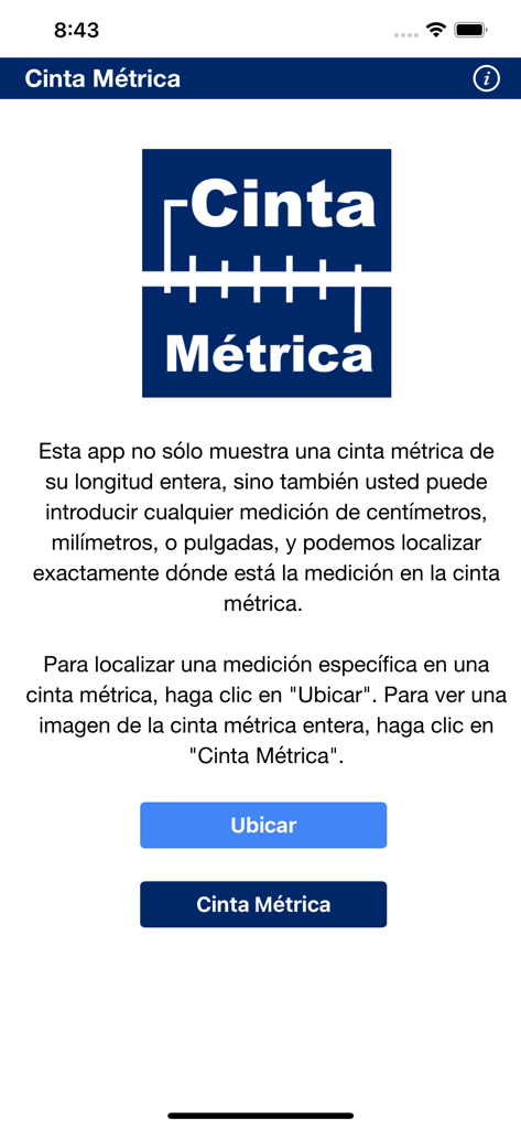 Cinta métrica - Home screen of the Cinta metrica app displaying the logo and navigation buttons in Spanish