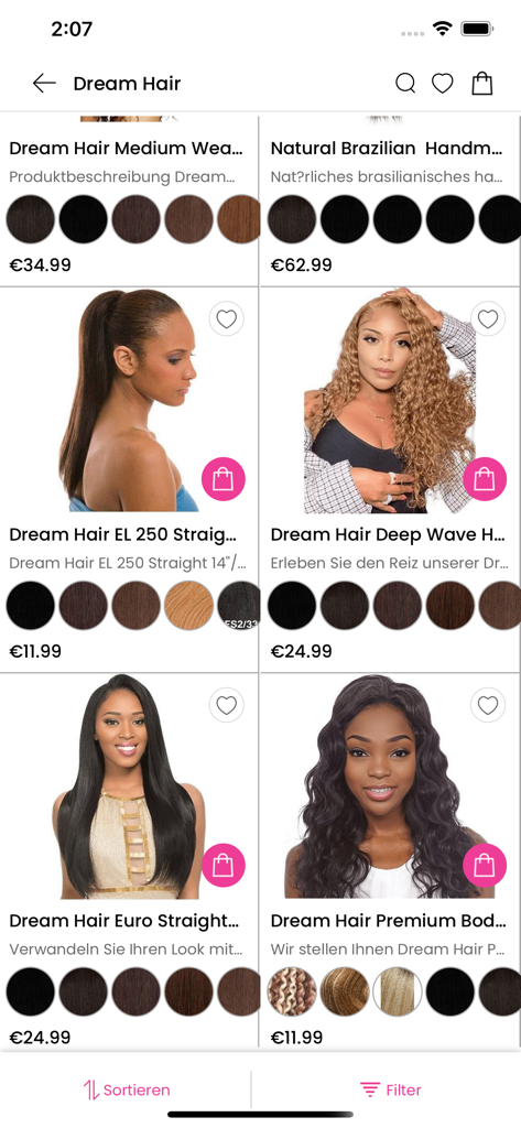 Katalog von Dream Hair Perücken und Haarverlängerungen in der Benutzeroberfläche der mobilen GT World of Beauty App.