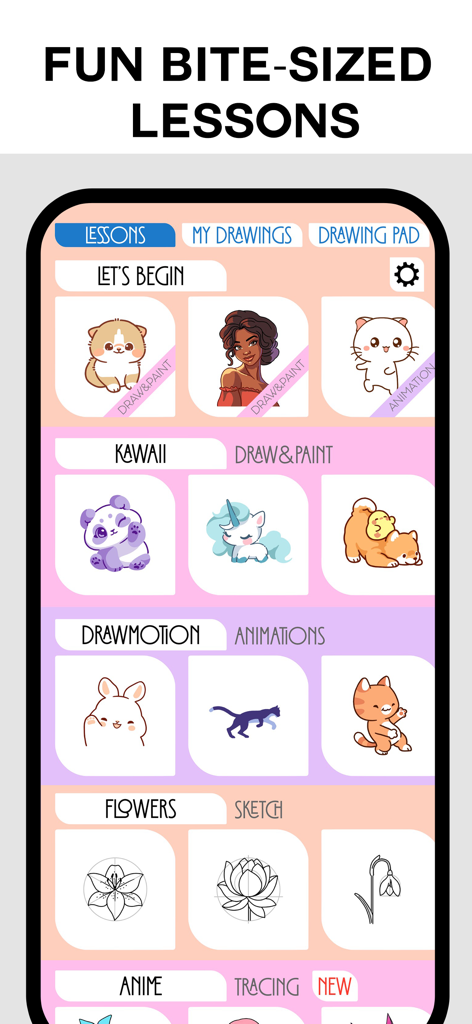 DrawingVibe: Learn how to draw - DrawingVibe app interface showing bite sized drawing lessons including Kawaii Animations and Flowers categories
