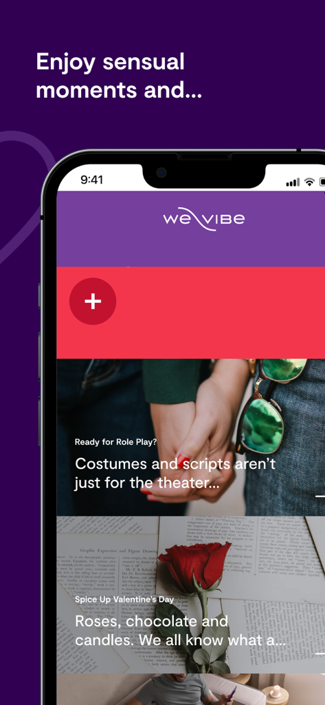 We-Vibe app screen displaying expert intimacy guides and relationship tips