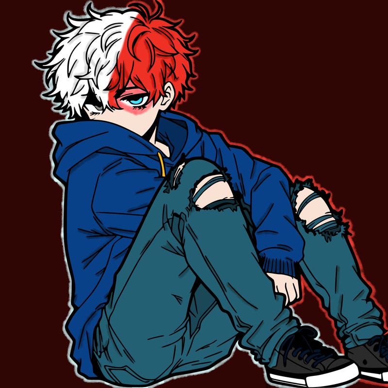 a male hoddie ripped jeans messy hair anime