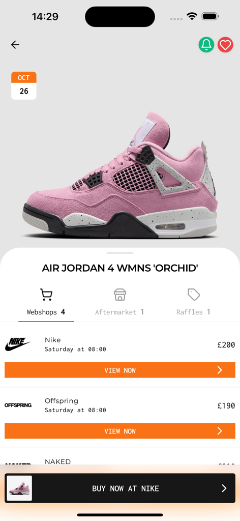 Página de lançamento do Air Jordan 4 Orchid no aplicativo The Drop Date