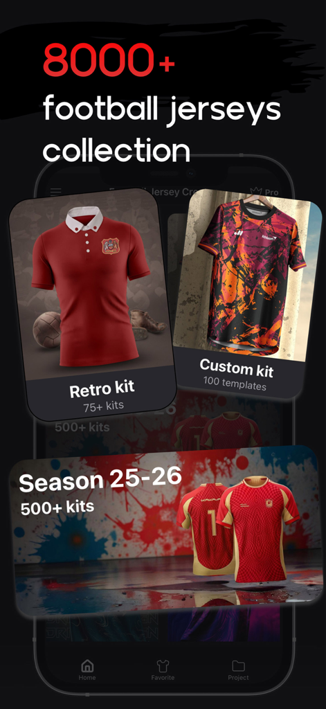 Schermata dell'app Football Jersey Creator che mostra una collezione di oltre 8000 maglie, inclusi modelli retrò, personalizzati e per la nuova stagione.