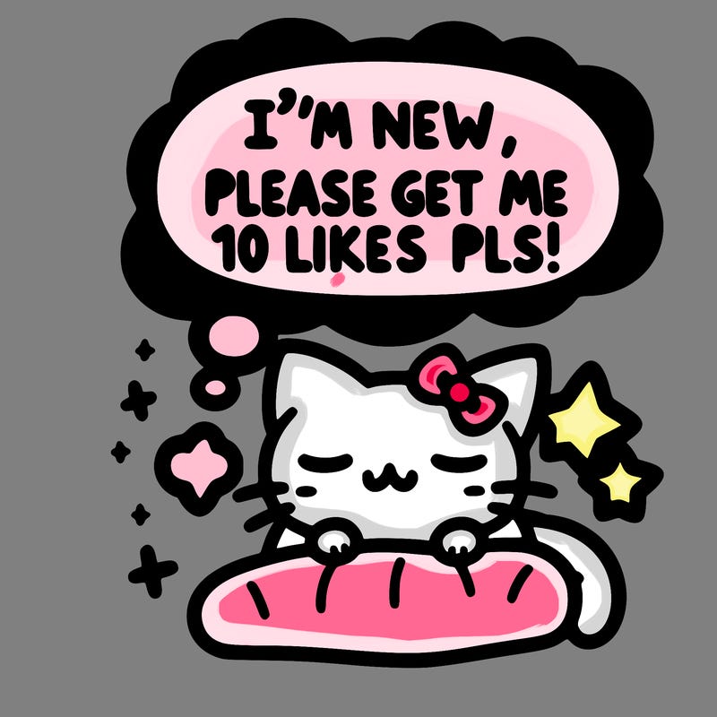 kitty taking a nap dream talking and saying "i'm new, please get me at least 10 likes pls!!"