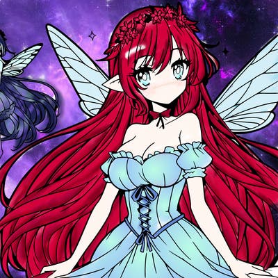 anime style beautiful fairy with big wings and long hair and a beautiful smile