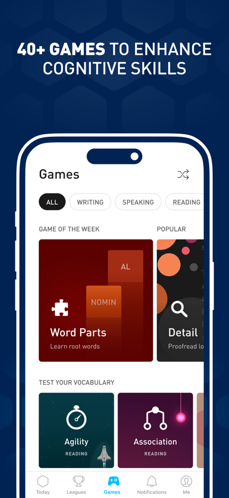 Interfaz de la aplicación Elevate que muestra una selección de juegos de entrenamiento cerebral para mejorar las habilidades cognitivas.