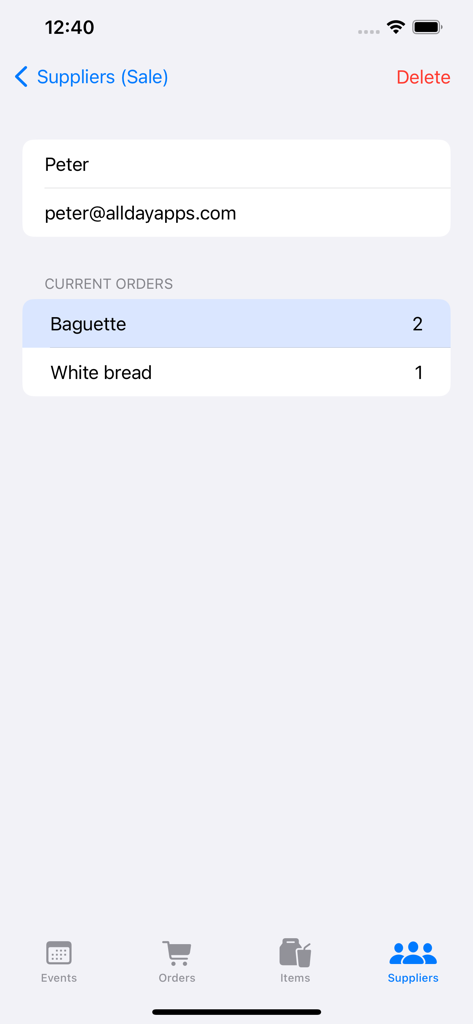 PreO - The Preorder Manager - Tela do perfil do fornecedor no aplicativo PreO mostrando as quantidades de pedidos atuais de baguete e pão branco