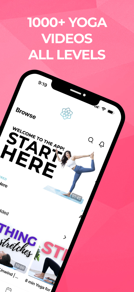 SarahBethYoga - A smartphone showing the SarahBethYoga app browse screen with a large text overlay saying 1000 plus yoga videos for all levels.