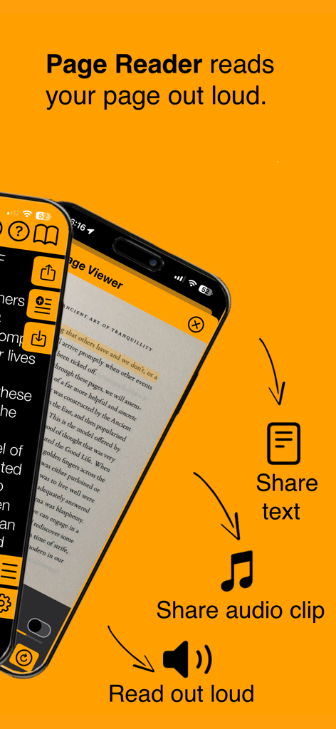 Page Reader - Page Reader mobile app interface displaying a scanned document with options to share text share audio clips and listen to the page read aloud