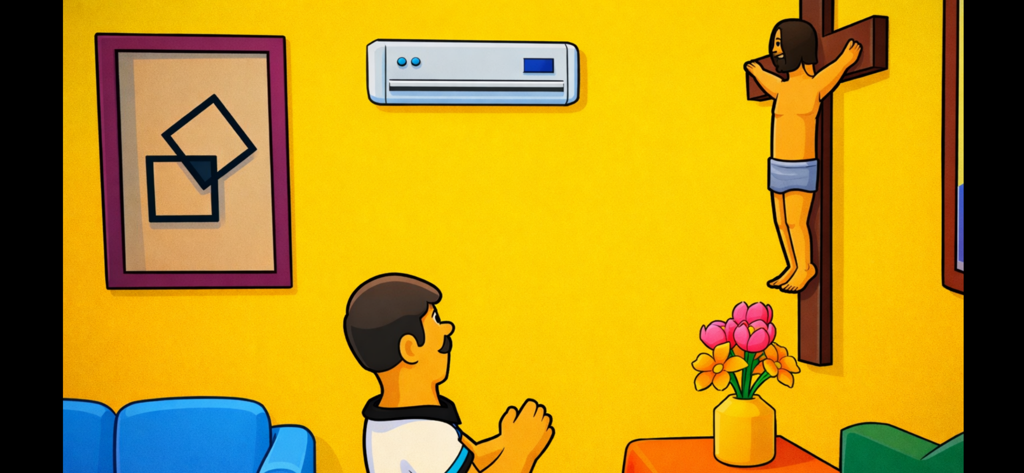 El Chismoso - A cartoon man in a hotel room looking at a crucifix on a yellow wall