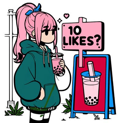 girl with oversized hoodie drinking boba and she has a high ponytail with a sign that says 10likes?