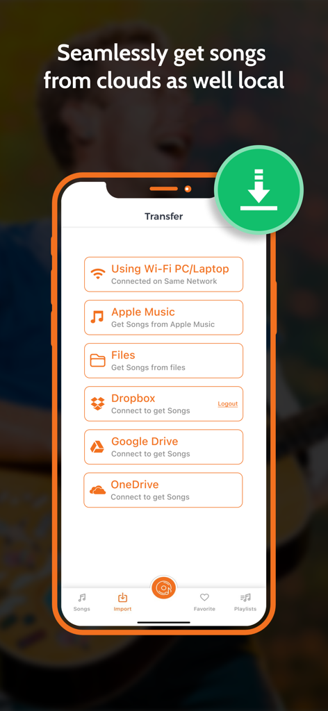 MP3 Player Offline My Music - Mobile app interface showing options to import music from Dropbox Google Drive and local files