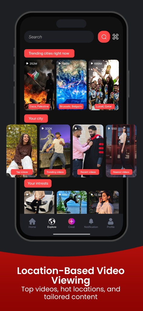 Redz: Explore content nearby - Interface of Redz app showing location-based video discovery with trending cities and hyper-local content categories