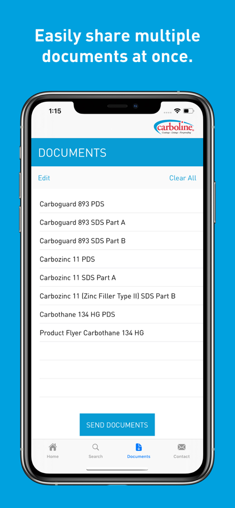 A mobile interface of the Carboline app showing a list of technical product documents with an option to share multiple files at once.