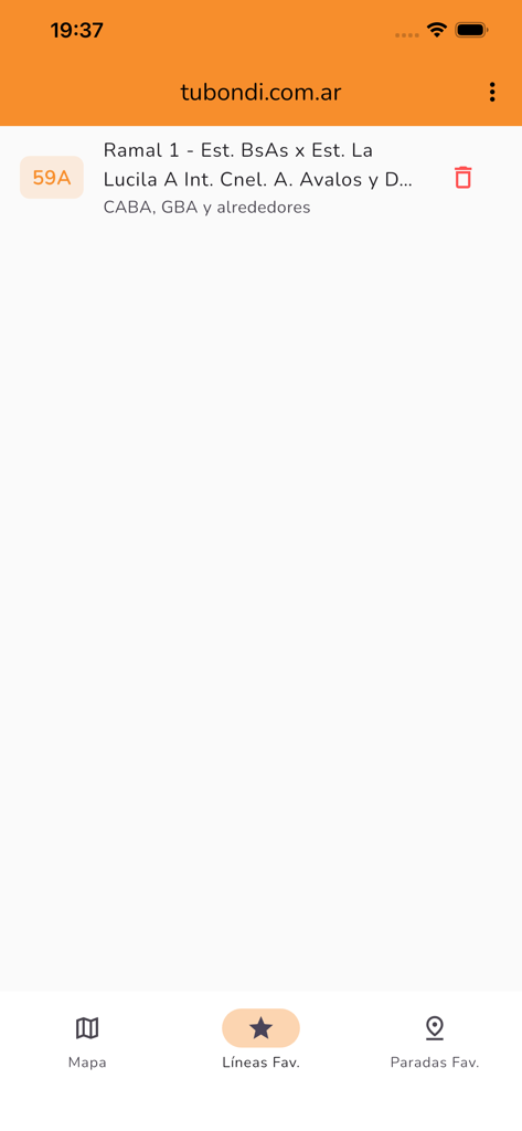 TuBondi: colectivos urbanos - Una captura de pantalla de la aplicación TuBondi que muestra la sección de líneas de autobús favoritas con la ruta 59A listada