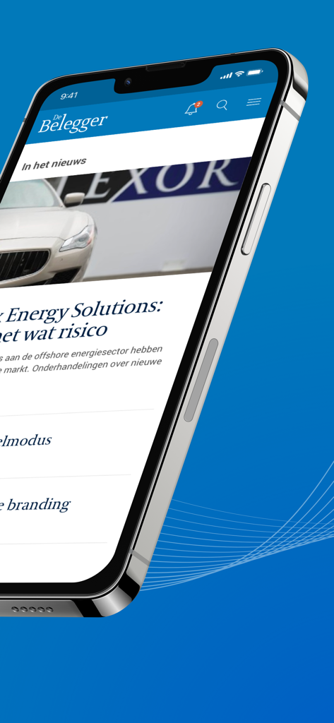 Schermo di uno smartphone che mostra l'app di notizie finanziarie e consigli di investimento De Belegger con gli ultimi articoli di mercato.