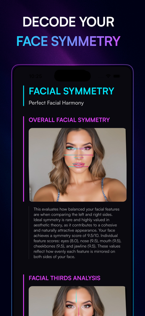 Model Face AI - Model Face AI app screen showing facial symmetry analysis and harmony score for a woman