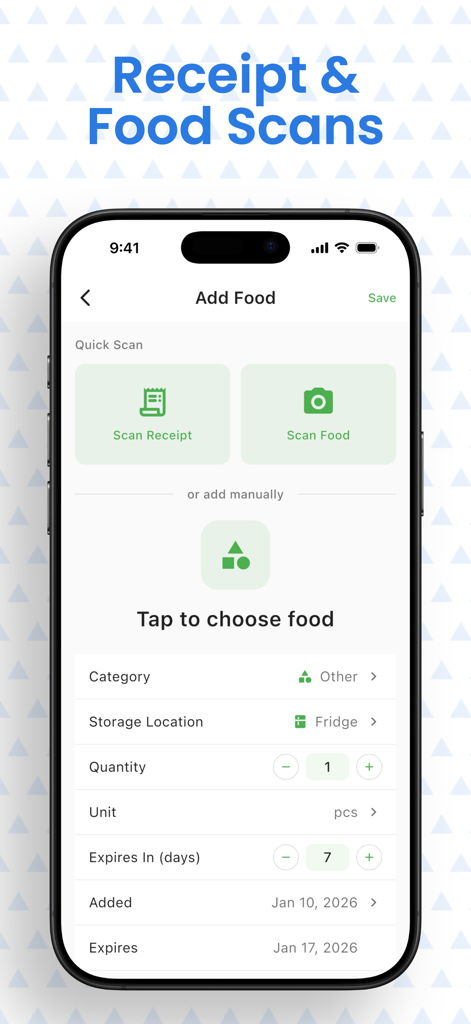 Screenshot of the Food Stock Master app showing the Add Food screen with AI receipt and food scanning buttons