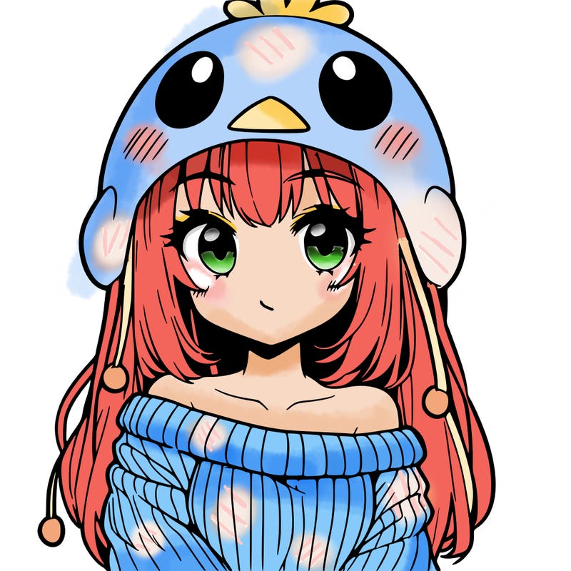 anime girl with chick shaped hat with sweater with bare shoulders with bangs covering them one eye with low tail