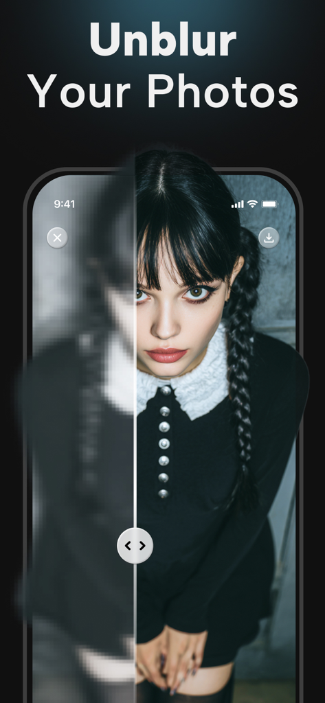 PhotoApp - AI Photo Enhancer - A before and after comparison showing a blurry portrait transformed into a sharp high-definition image using the AI unblur tool.