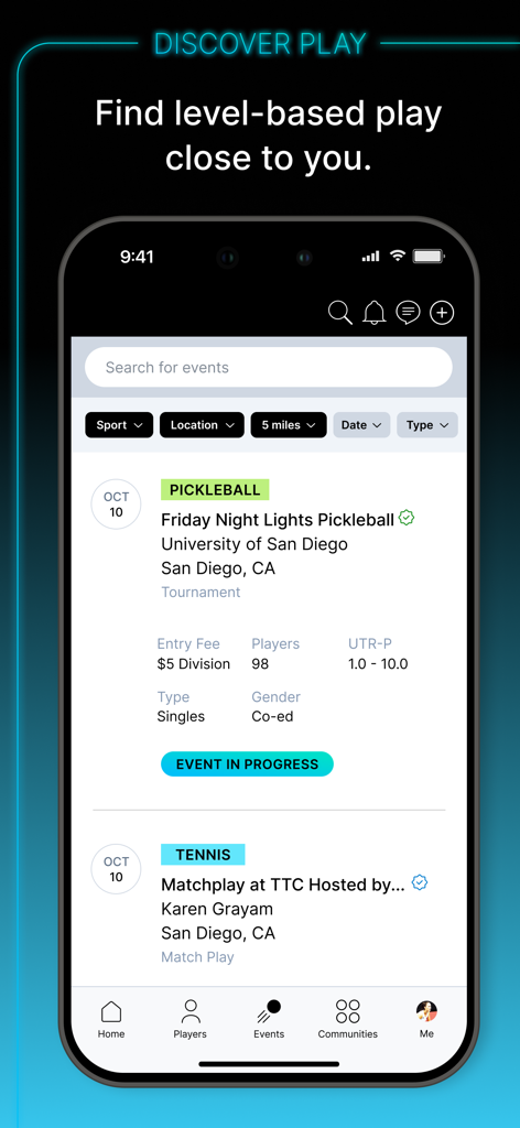 UTR Sports - Schermata dell'app mobile UTR Sports che mostra eventi locali di pickleball e tennis vicino a San Diego.