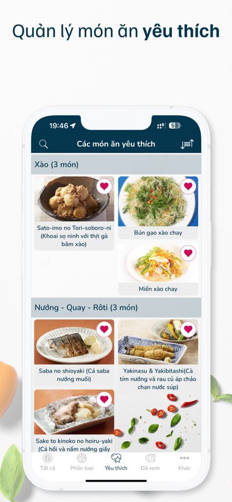 Món ăn ngon mỗi ngày - Interface of the Mon an ngon moi ngay app showing a list of saved favorite recipes categorized by cooking style