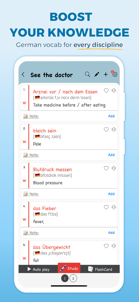 Interface do aplicativo Dicionário Alemão Faztaa mostrando uma lista de palavras de vocabulário médico com traduções em inglês e transcrições fonéticas
