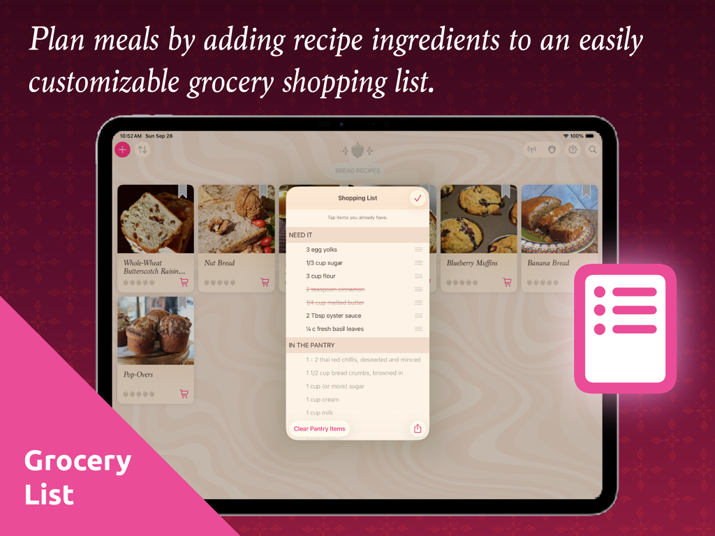 The Recipe Box app displaying a customizable grocery shopping list on an iPad