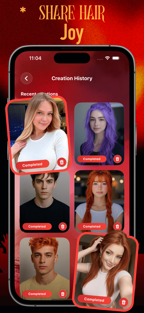 Crao - Captura de tela do aplicativo Crao mostrando uma galeria de transformações recentes de cores de cabelo, incluindo tons roxos, laranjas e vermelhos em vários usuários.