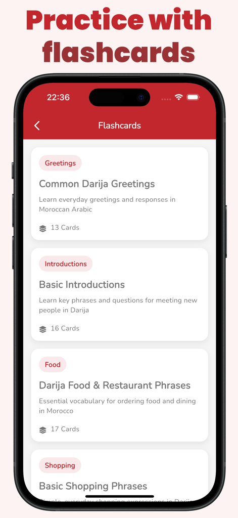 GoDarija Learn Moroccan Arabic - A mobile screen showing various Moroccan Arabic flashcard categories like greetings and food.